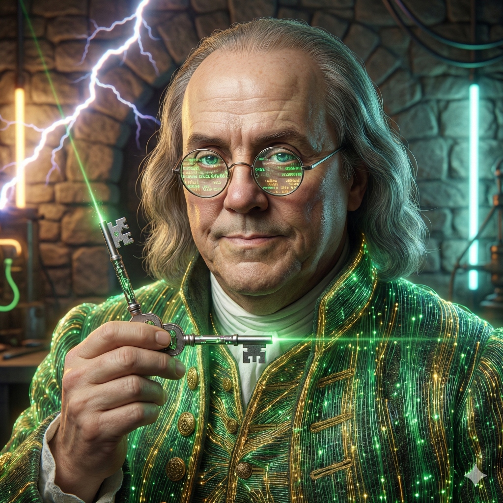 Benjamin Franklin in colonial coat with fiber optic fabrics, holding a laser lightning key