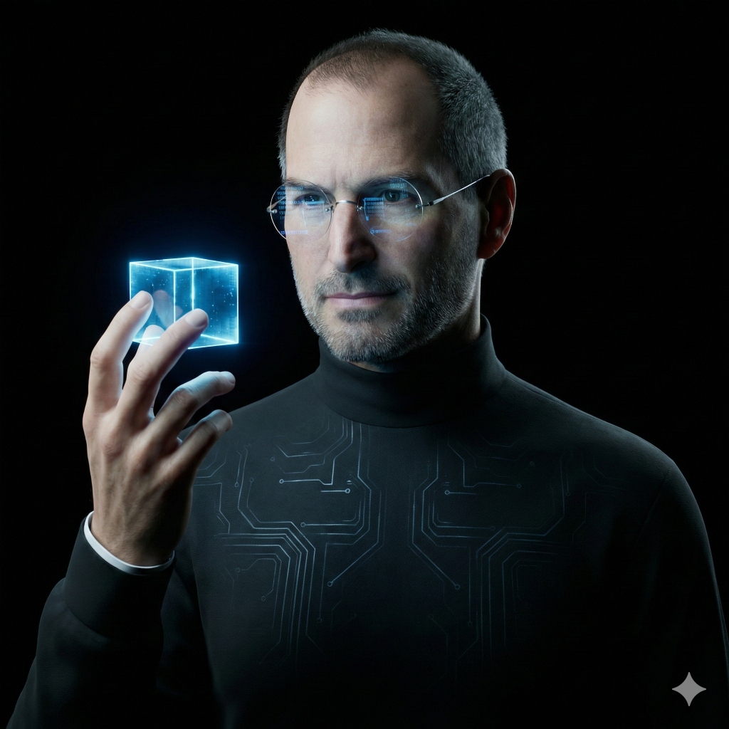 Steve Jobs in synthetic black turtleneck, minimalist AR glasses, subtle robotic hand